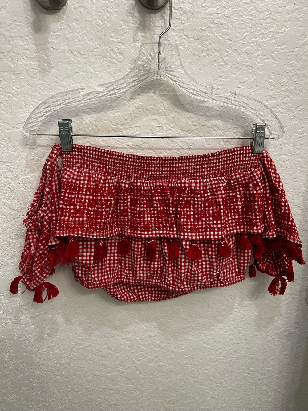 AE: Red Gingham Off-Shoulder Tassel Women’s crop top